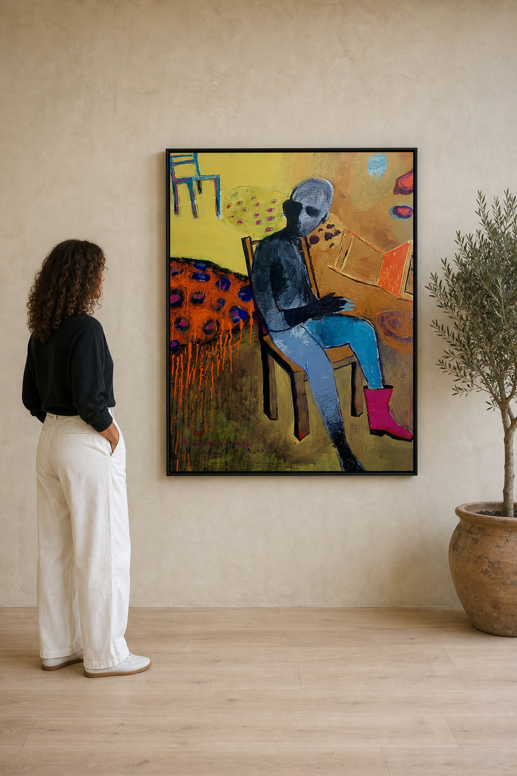 Masked Figure Seated Reading a Book - shown to scale