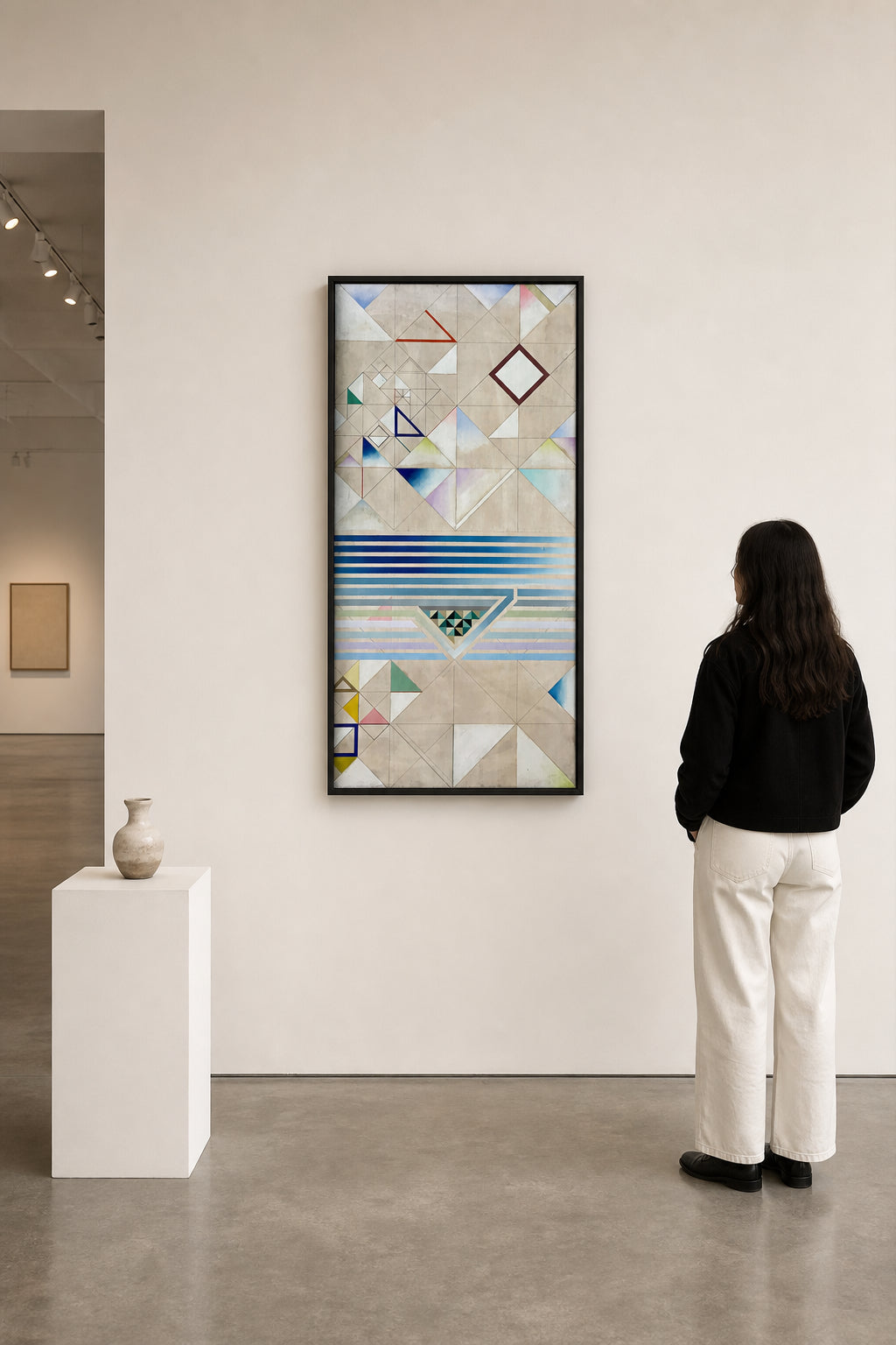 Geometric Grid with Blue Stripes - shown to scale