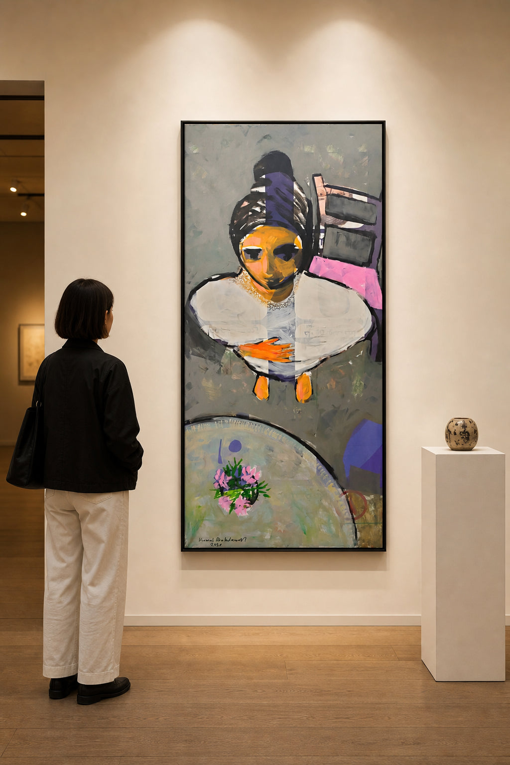 Seated Woman with Pink Flowers - shown to scale