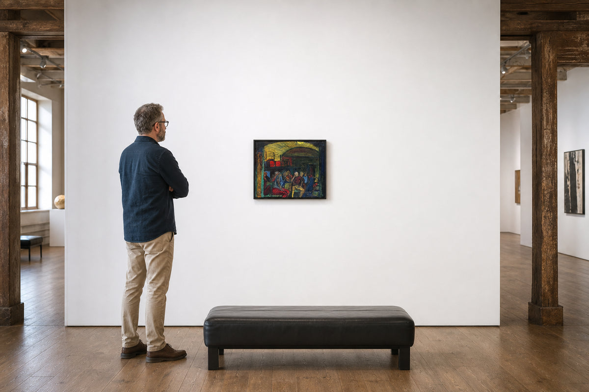 Figures Resting in Dimly Lit Interior - shown to scale