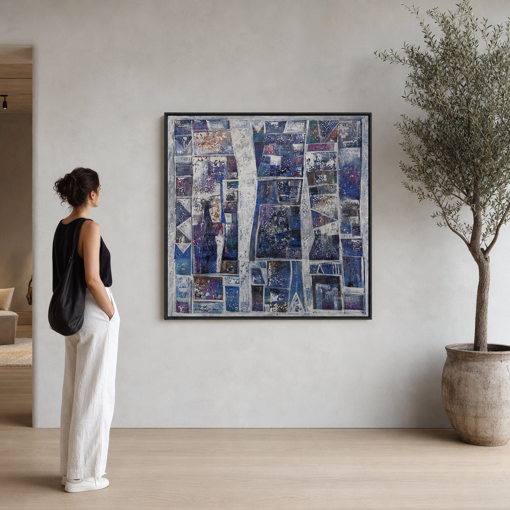Blue and White Abstract Urban Grid - shown to scale