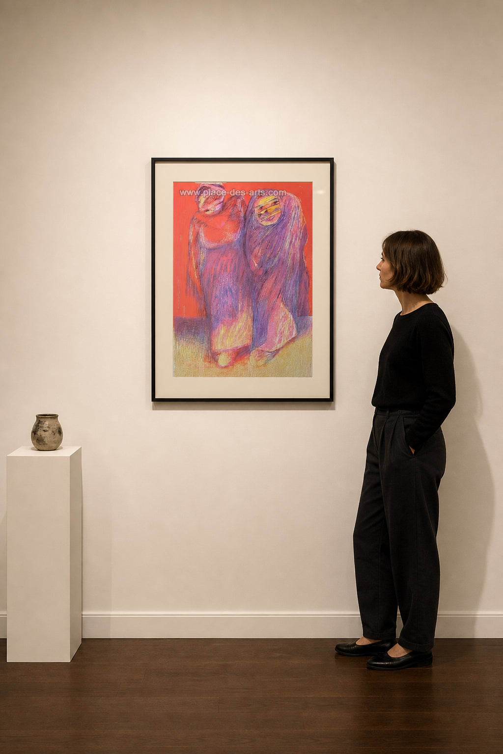 Two Draped Figures on Red Background - shown to scale