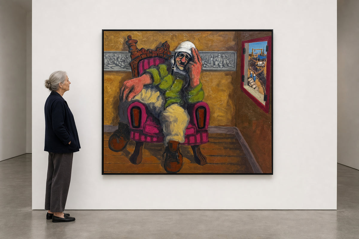 Man Seated in Pink Armchair - shown to scale