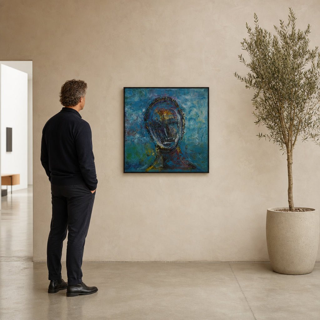 Abstract Human Face in Blue Swirls - shown to scale