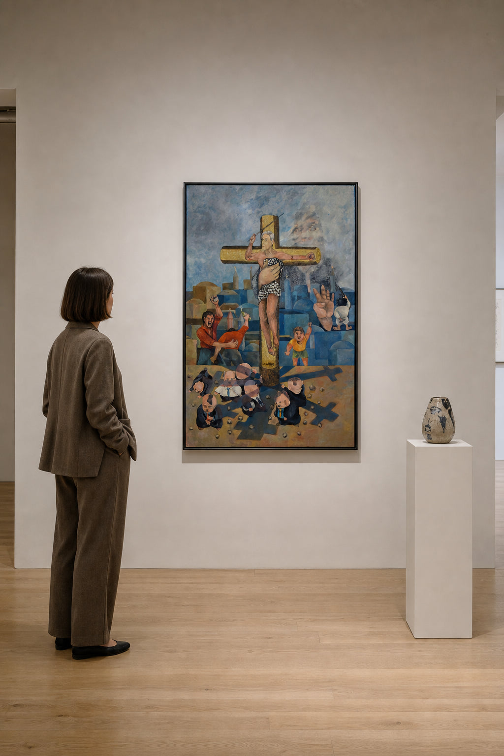 Figure on Cross with Crowd Below - shown to scale