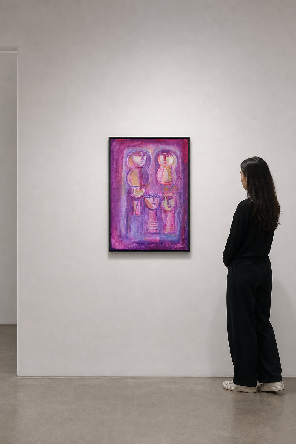 Four Abstract Figures in Purple - shown to scale