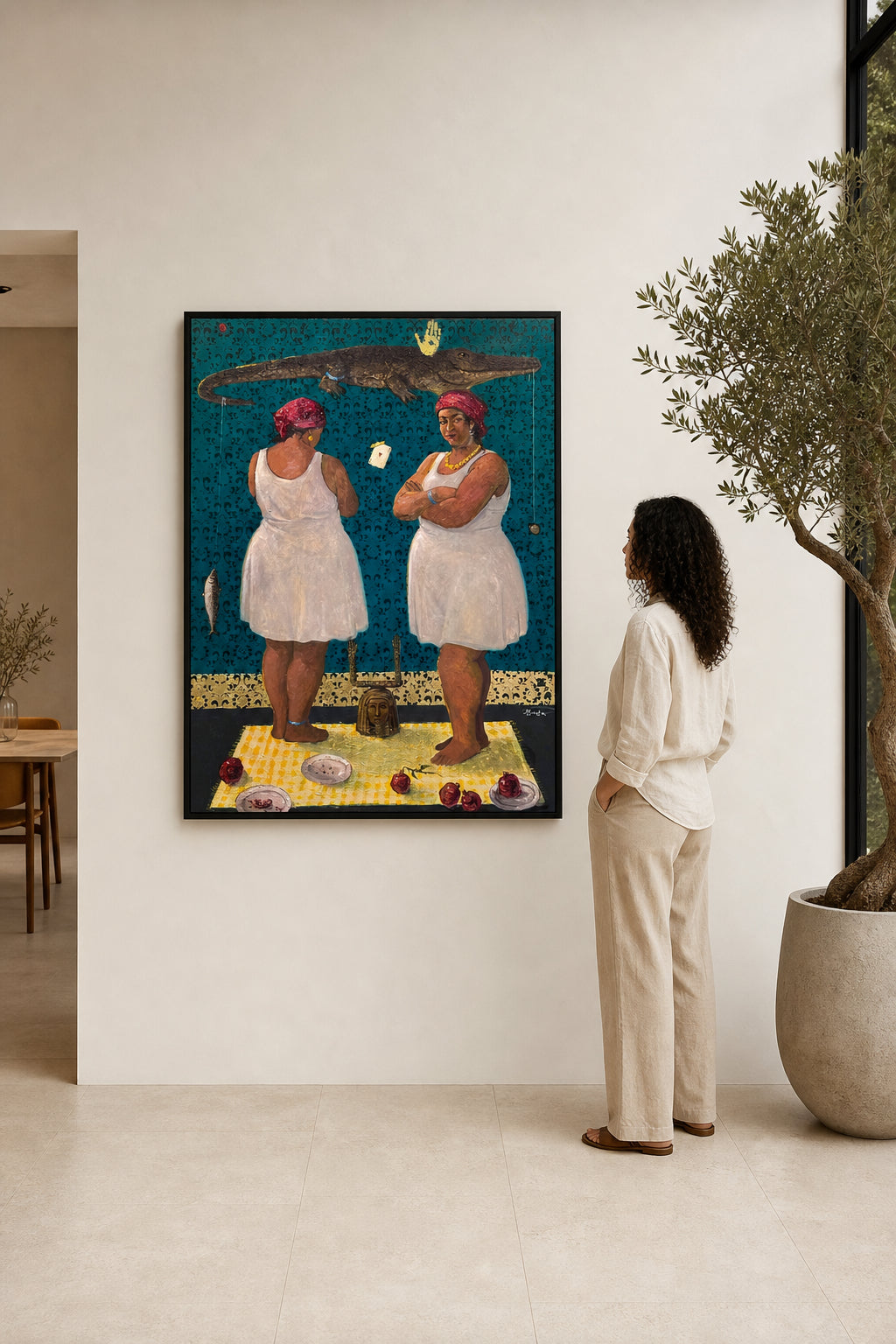 Two Women with Crocodile and Symbols - shown to scale