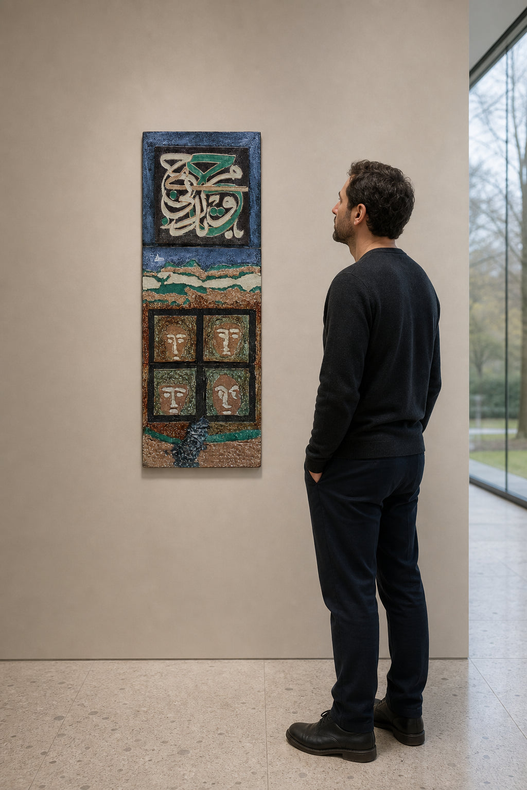 Arabic Calligraphy and Four Ceramic Faces - shown to scale
