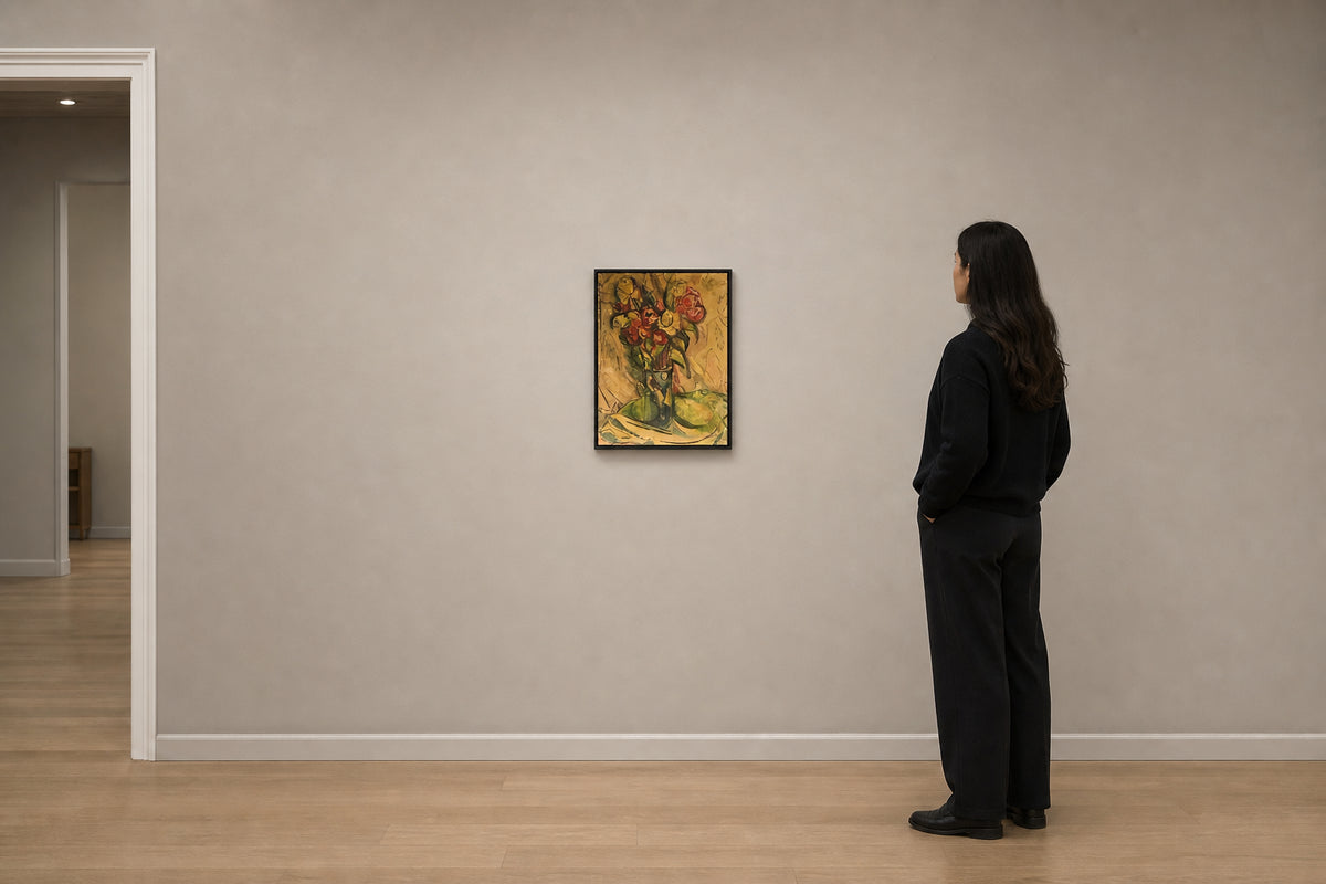 Red Flowers in Green Vase Still Life - shown to scale