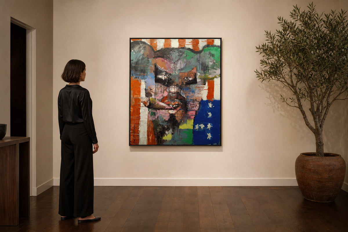 Abstract Fragmented Face with Stars - shown to scale