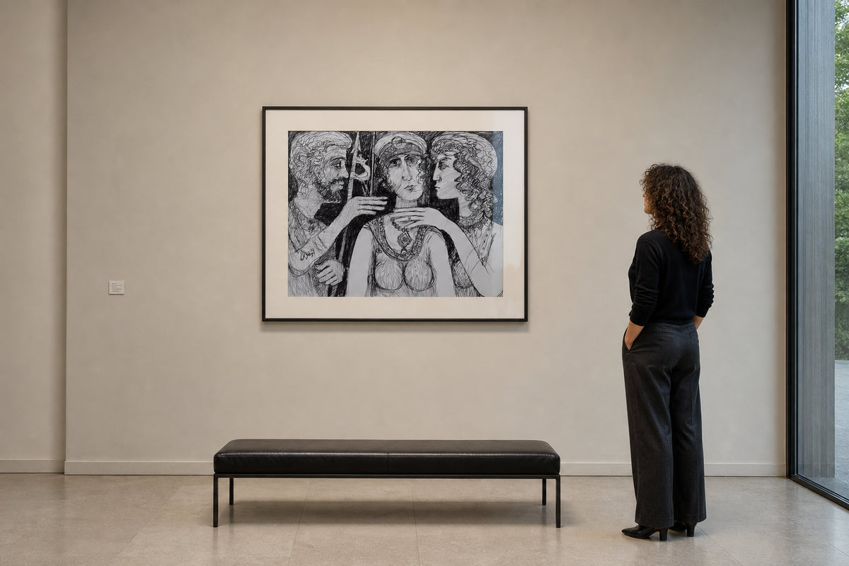 Three Figures with Staff and Necklace - shown to scale