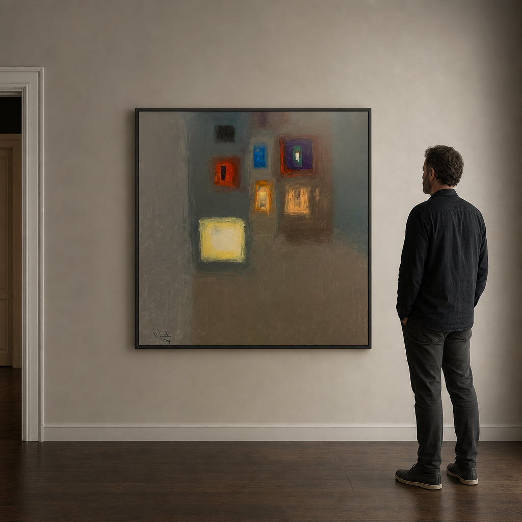 Glowing Coloured Squares on Grey - shown to scale
