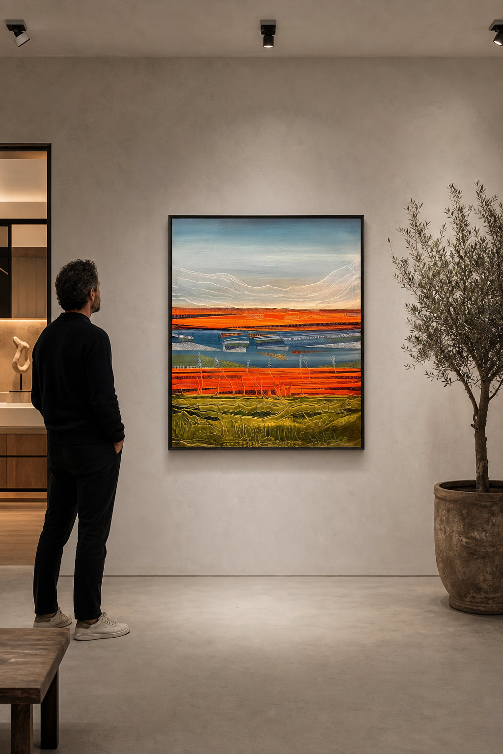 Abstract Layered Landscape with Orange and Blue - shown to scale