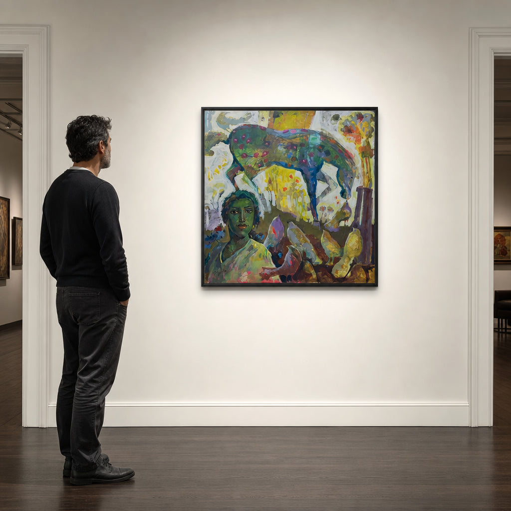 Woman with Birds and Green Horse - shown to scale