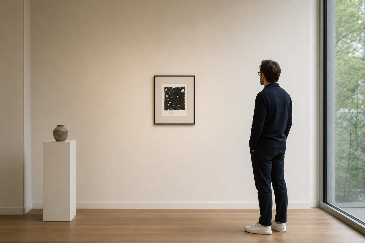 Black and White Abstract Monotype Print - shown to scale