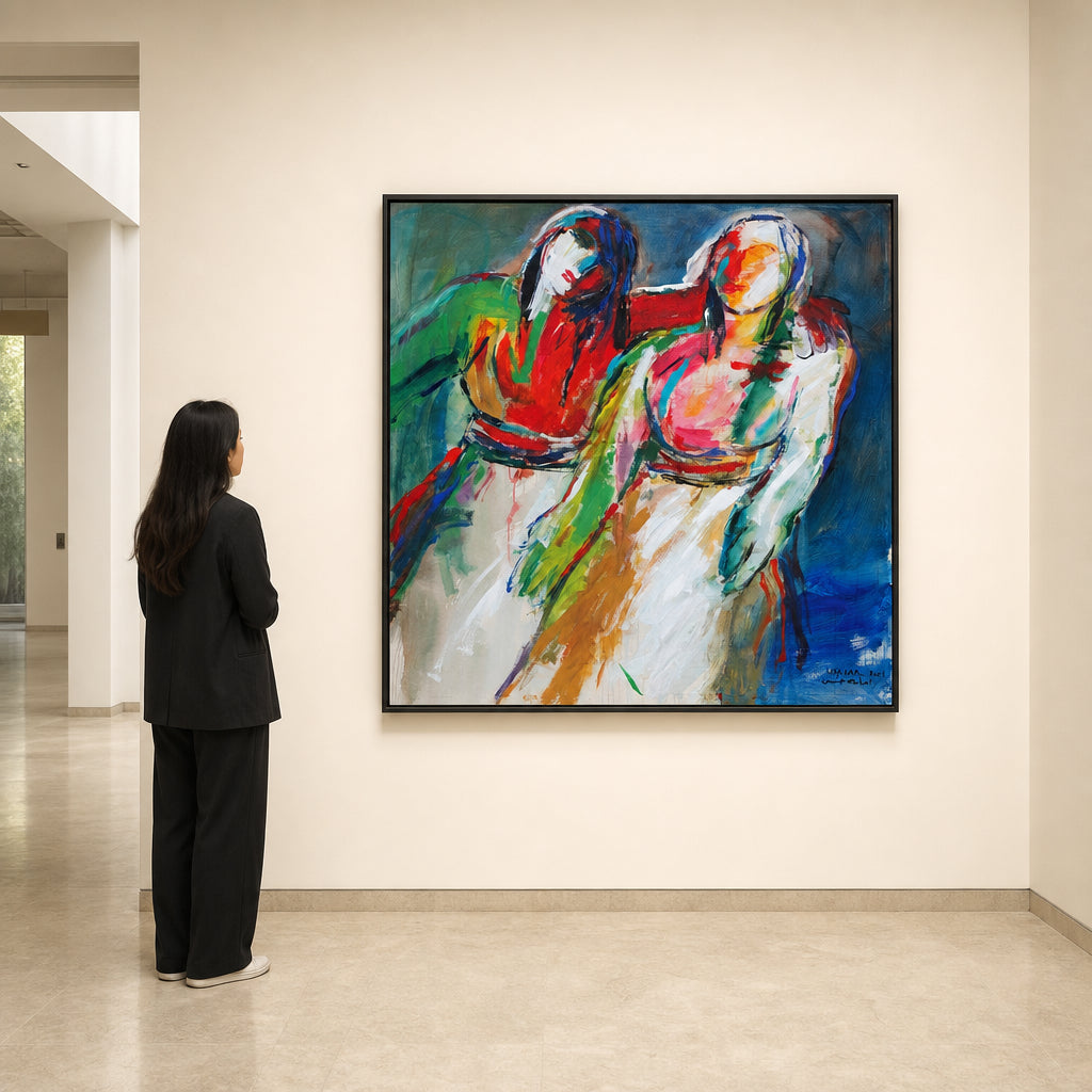 Two Figures Embracing in Vibrant Colour - shown to scale