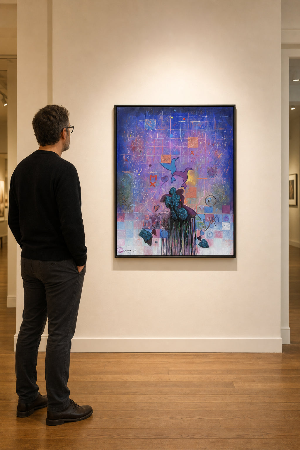 Figure with Birds and Hearts Abstract - shown to scale
