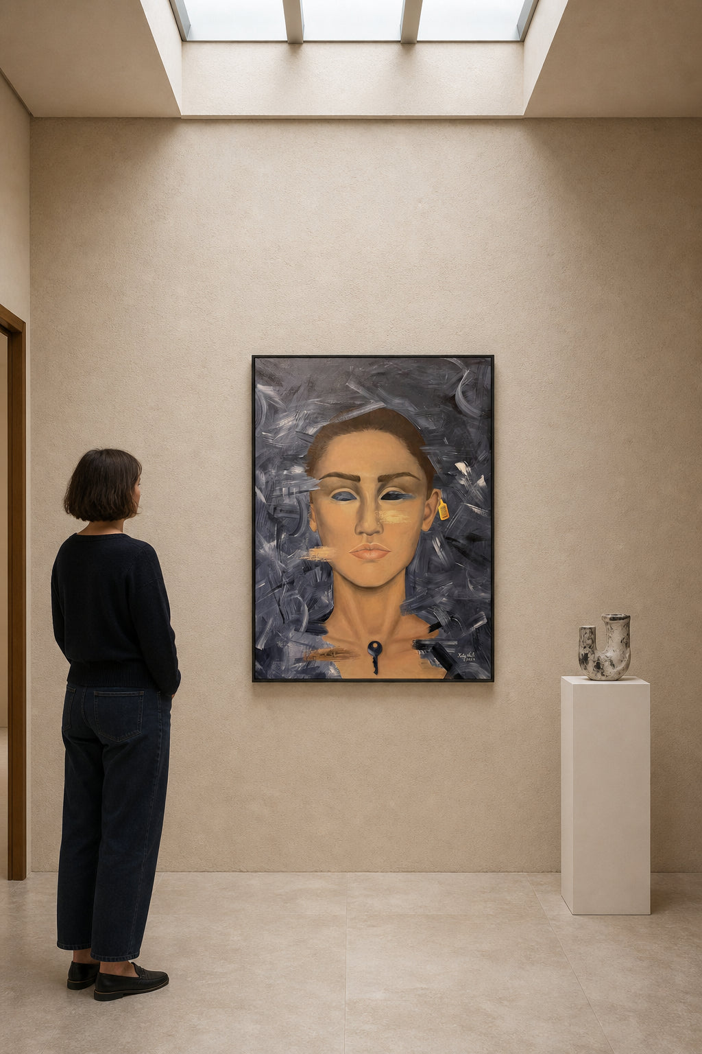 Woman with Key and Barcode Earring - shown to scale