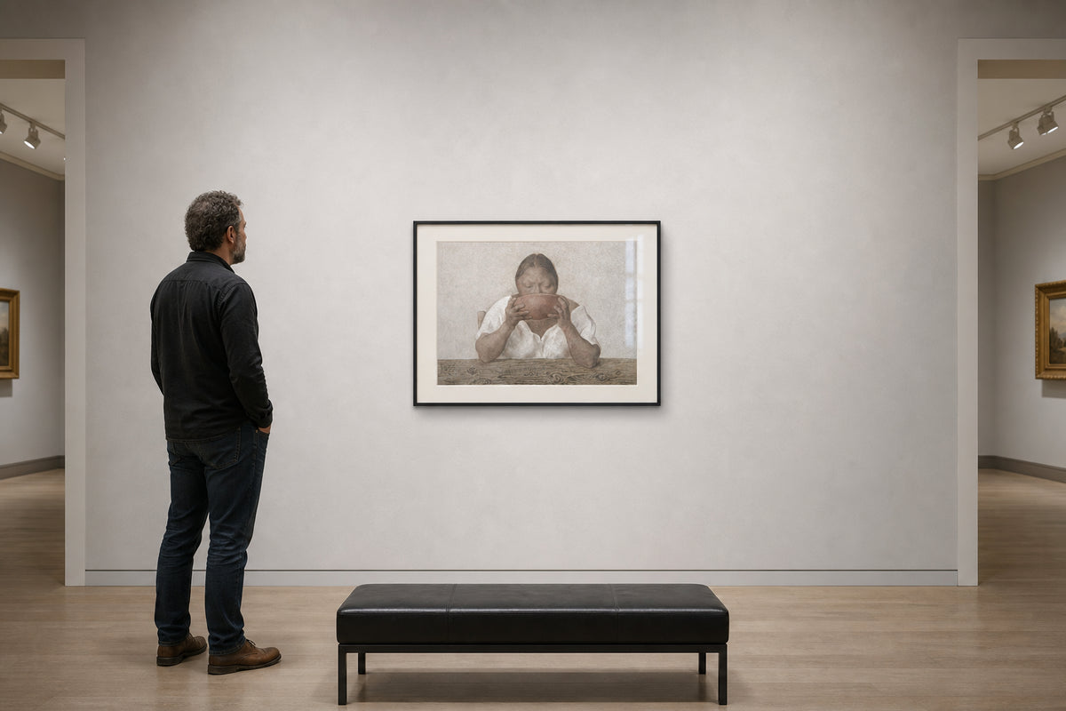 Woman Drinking from Clay Bowl - shown to scale