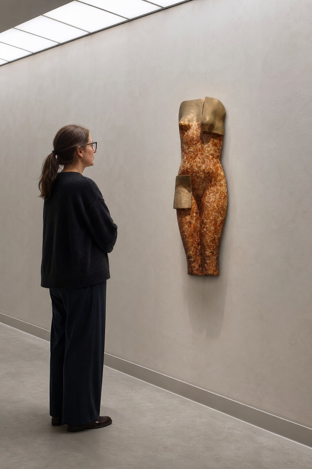 Female Torso Sculpture on Black Pedestal - shown to scale