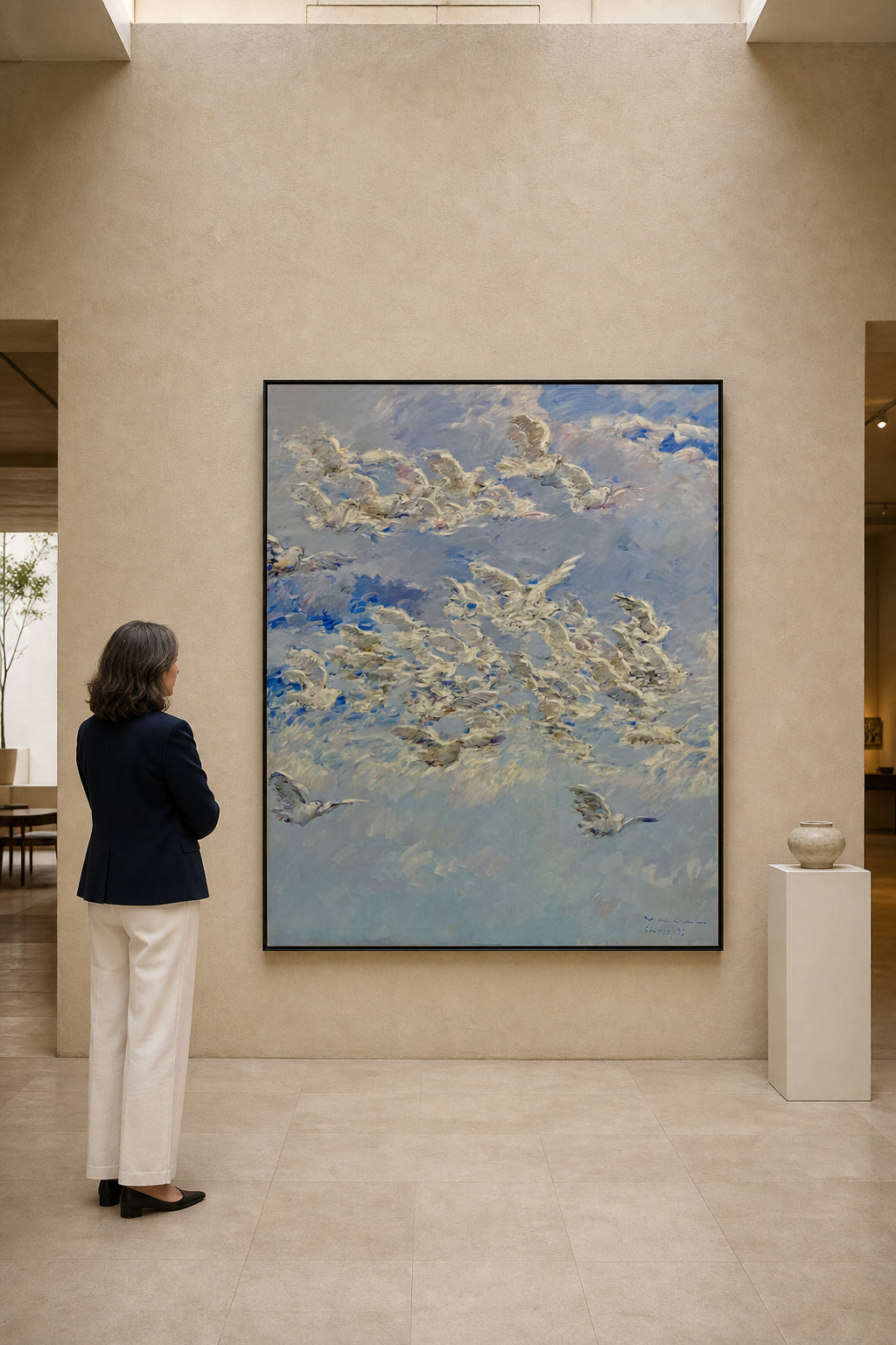 Flock of White Birds in Blue Sky - shown to scale
