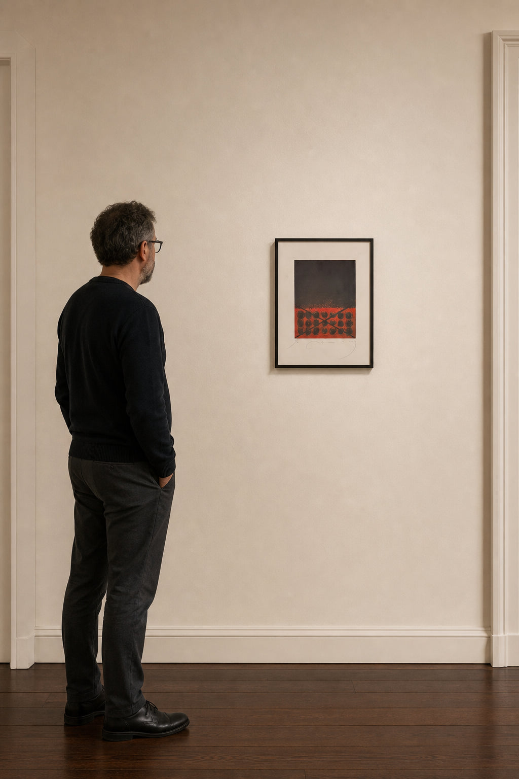 Dark Circular Forms on Red Field - shown to scale