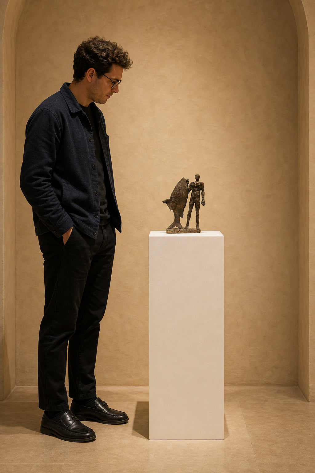 Standing Figure Holding Large Fish - shown to scale