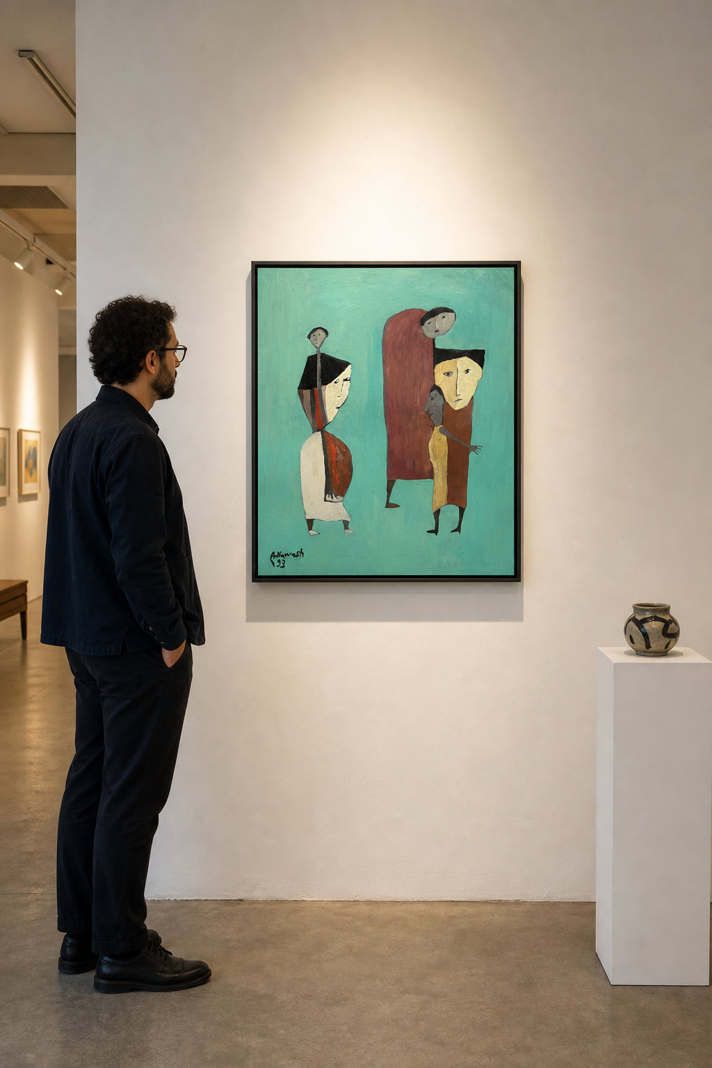 Stylized Figures on Turquoise Background - shown to scale
