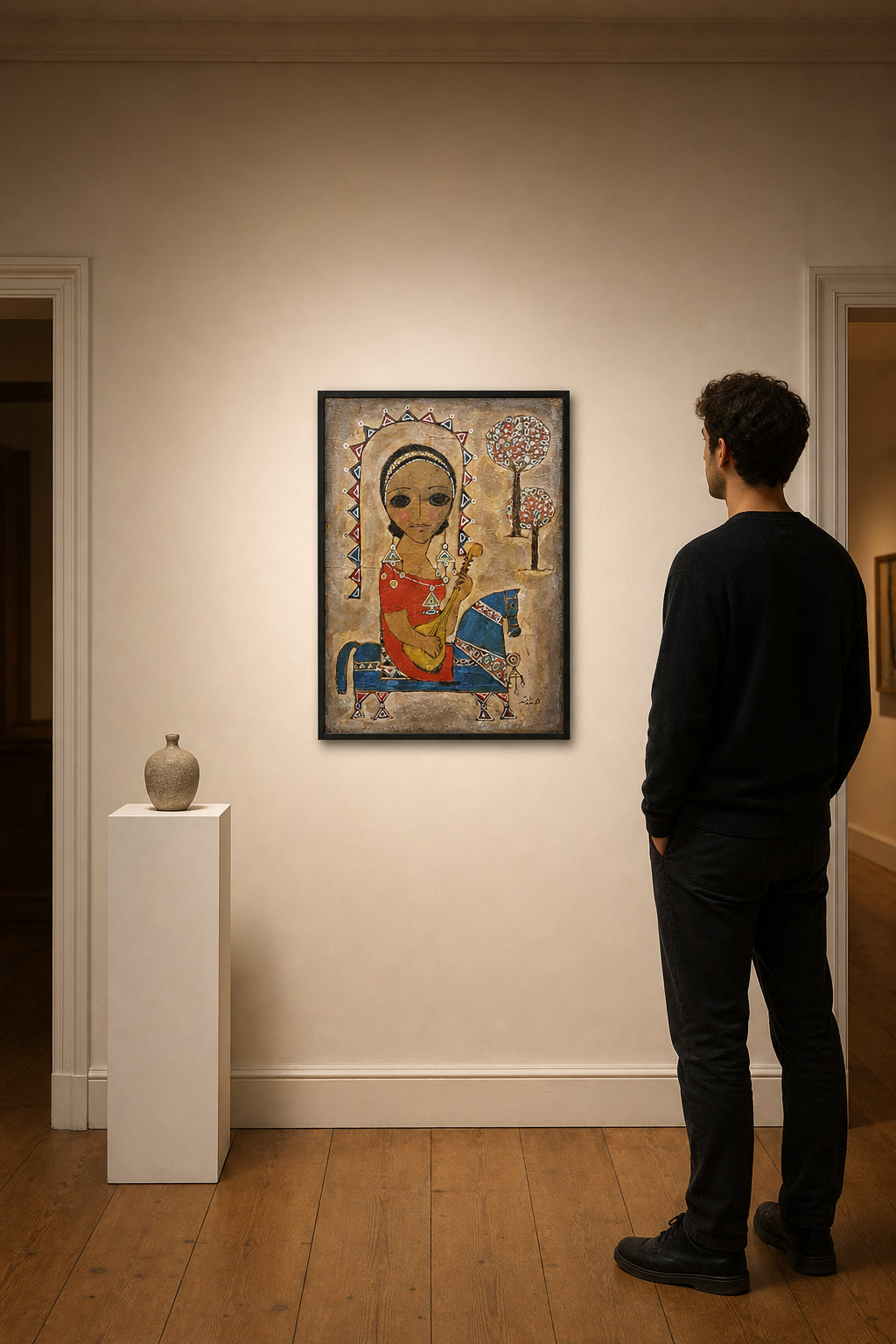 Woman with Lute on Blue Horse - shown to scale