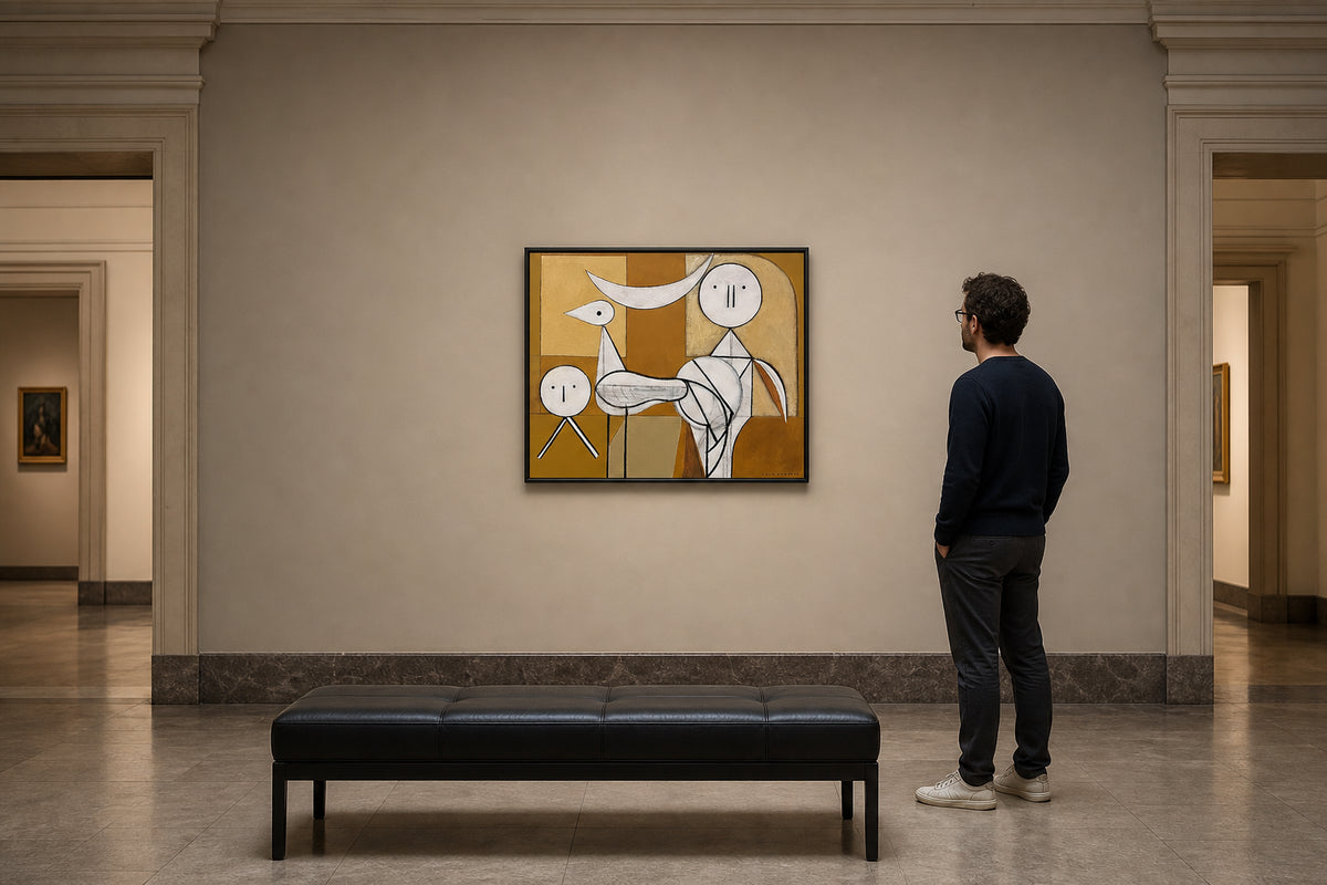 Three Abstract Figures with Bird - shown to scale