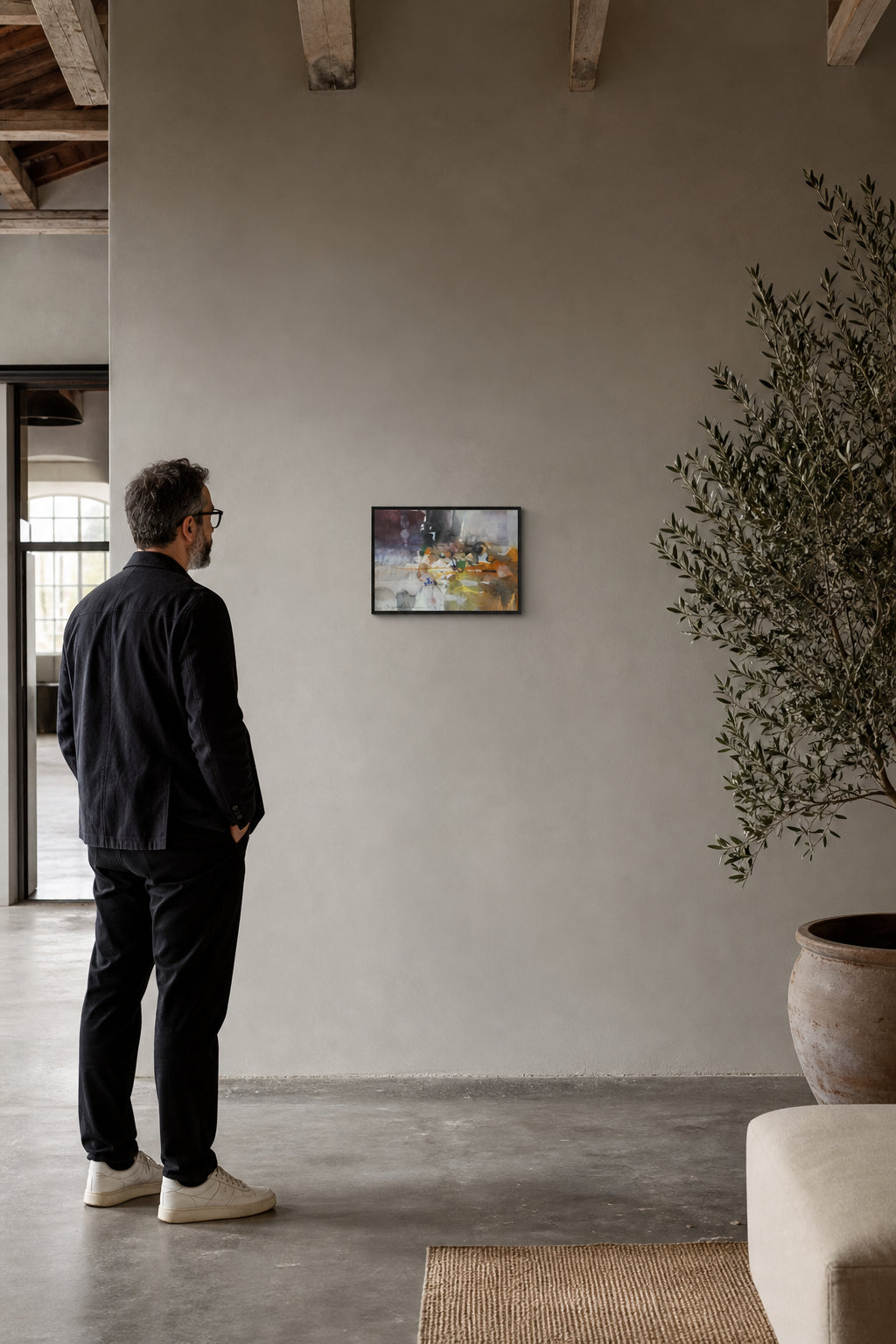 Abstract Watercolor Composition in Grey Orange - shown to scale