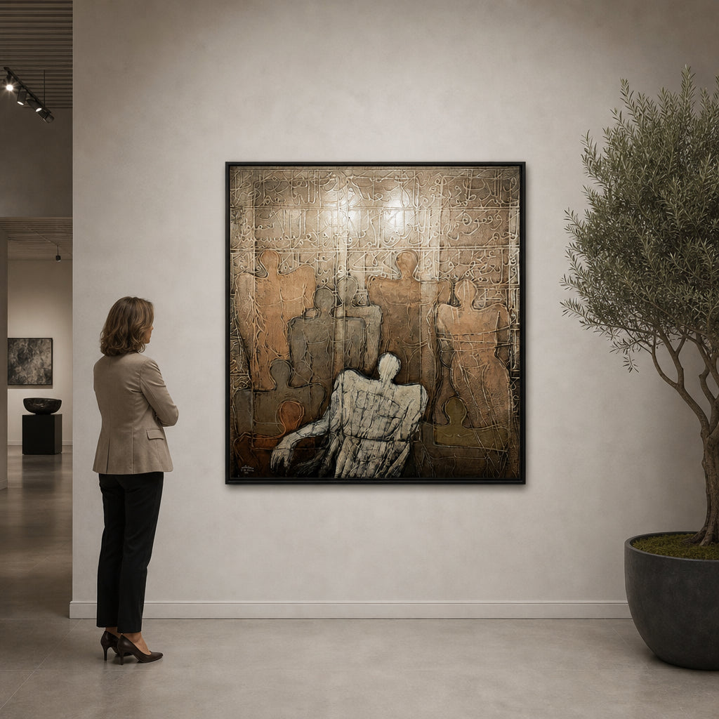 Figures Before Arabic Calligraphic Wall - shown to scale