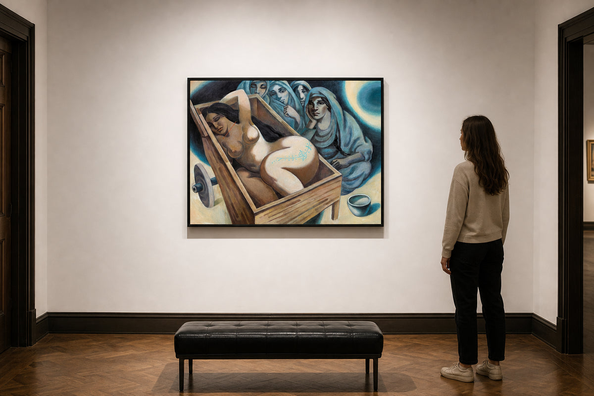 Nude Woman in Wooden Cart with Mourners - shown to scale