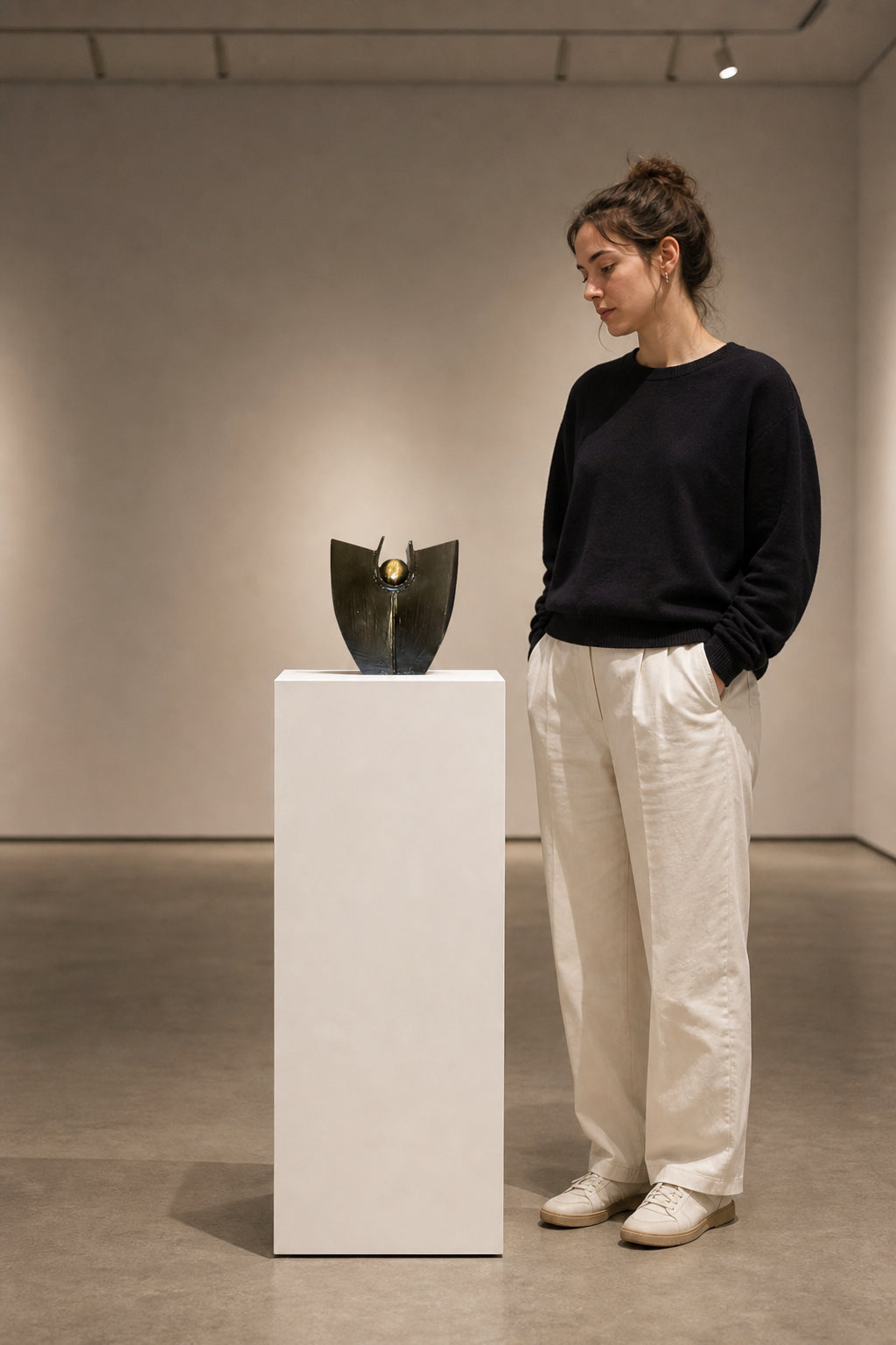 Dark Ceramic Sculpture with Gold Sphere - shown to scale
