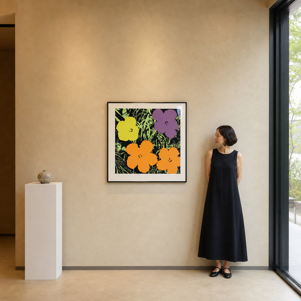 Four Flowers Yellow Orange Purple Green - shown to scale