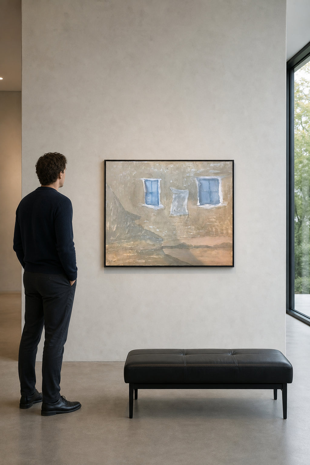 Two Blue Windows on Sandy Wall - shown to scale