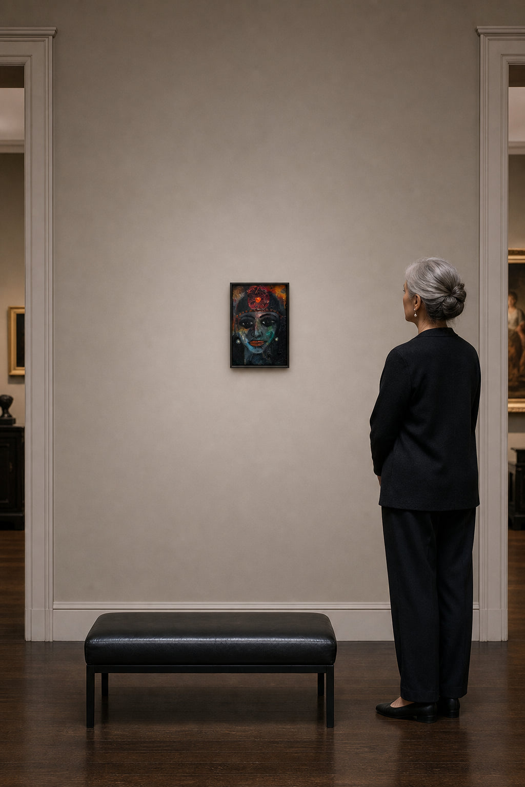 Dark Female Portrait With Red Flower - shown to scale