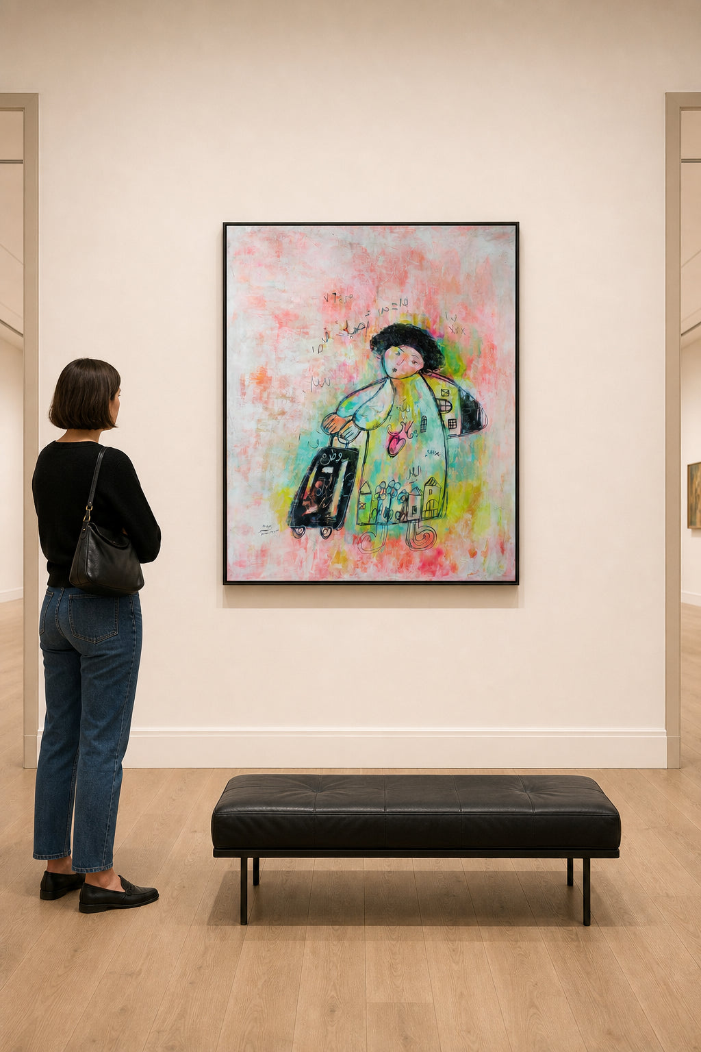 Woman with Suitcase and Arabic Script - shown to scale