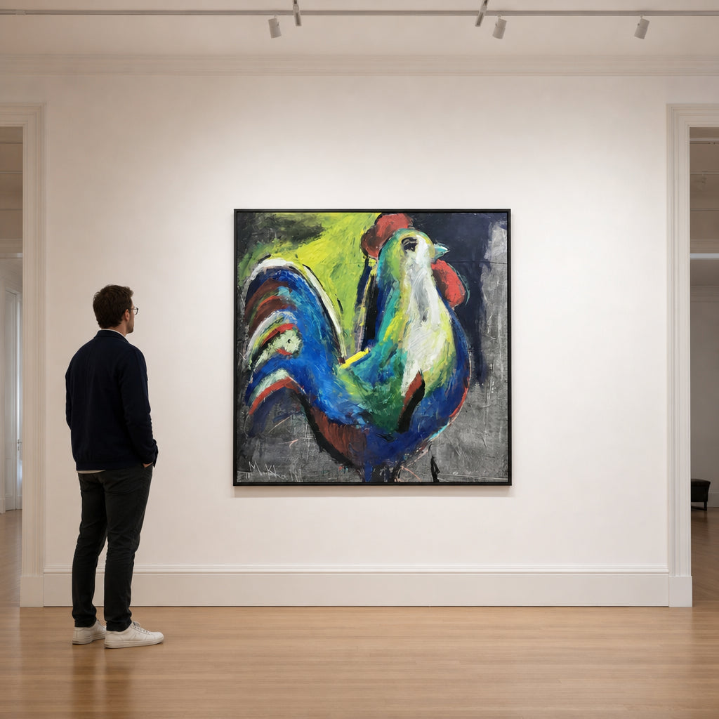 Bold Colourful Rooster on Dark Background - shown to scale