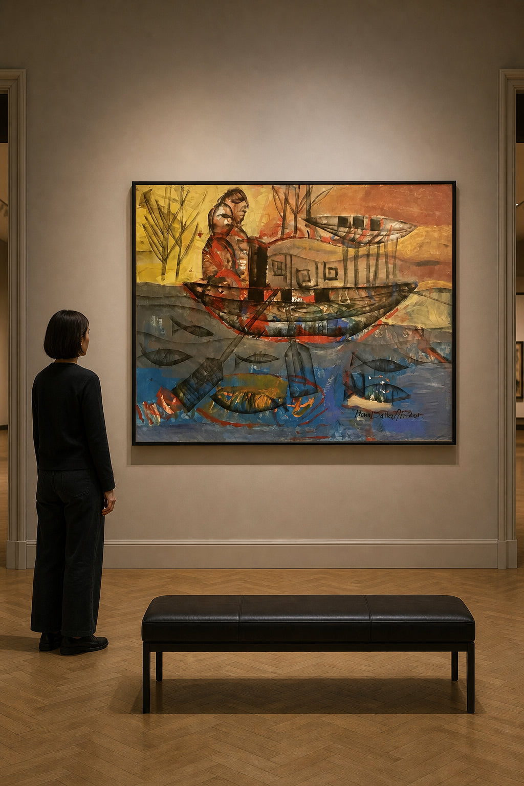 Fisherman in Boat with Fish Below - shown to scale