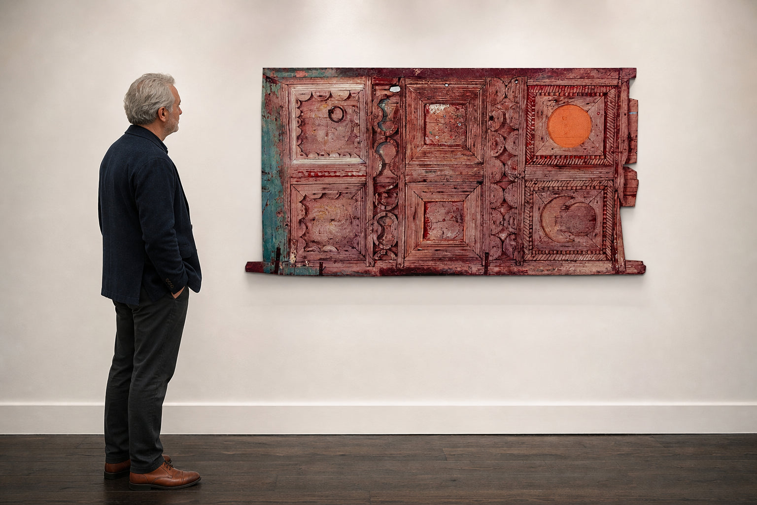 Aged Carved Wooden Panel with Geometric Motifs - shown to scale