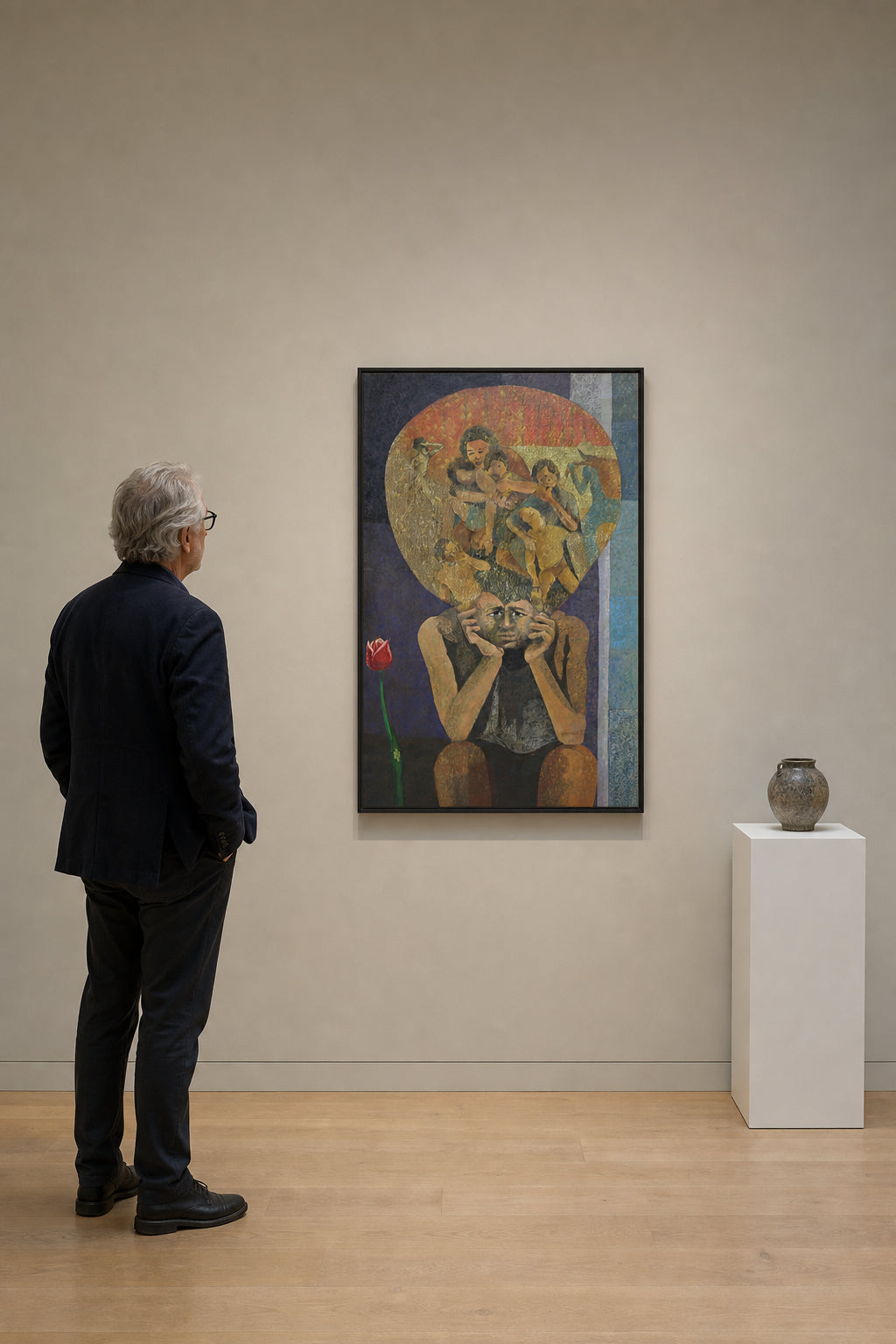 Seated Figure with Visions Above - shown to scale