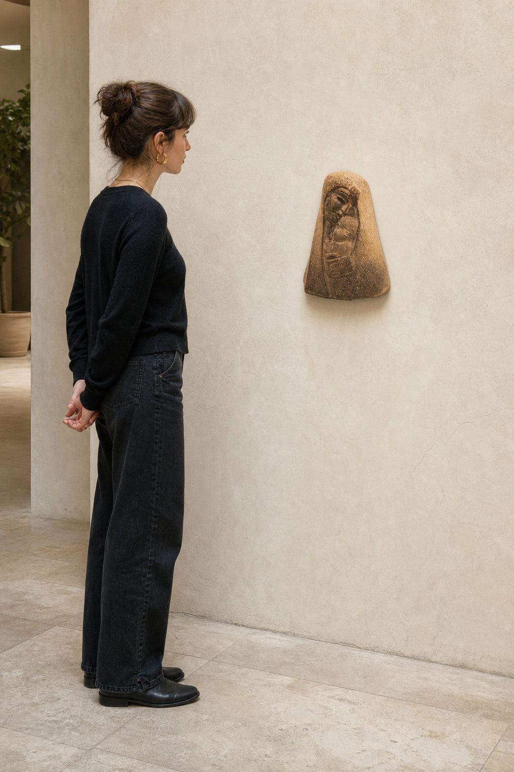 Mother and Child Stone Relief Sculpture - shown to scale