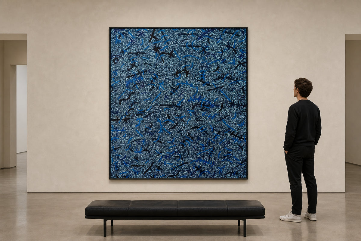 Blue and Black Abstract Line Patterns - shown to scale
