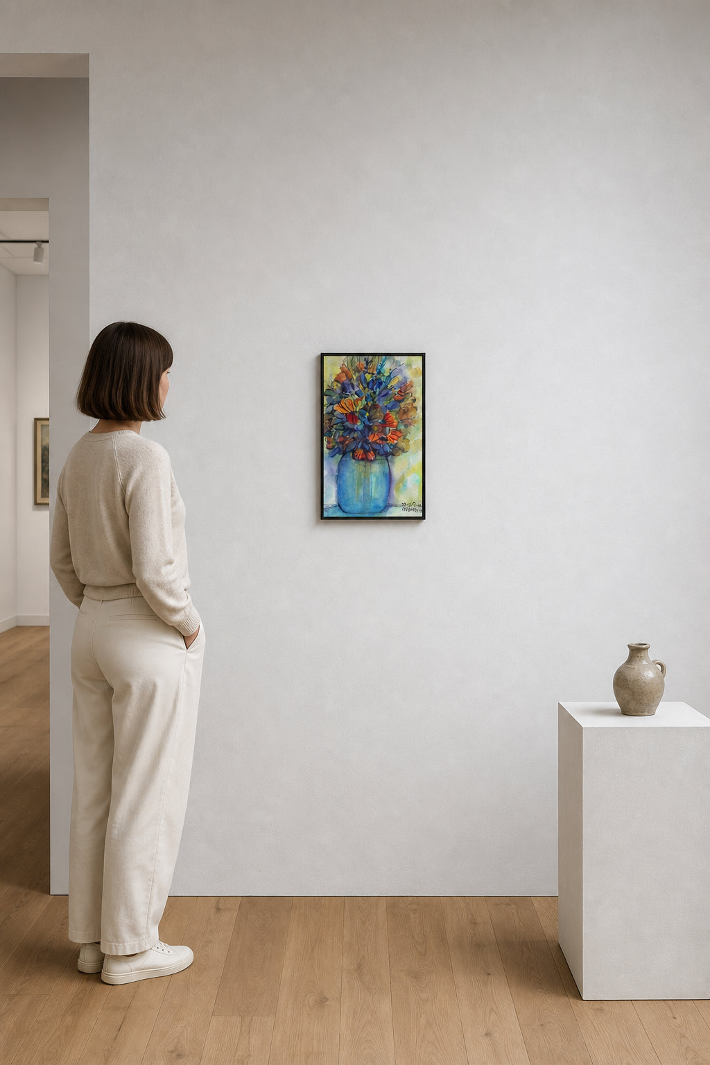 Colorful Flower Bouquet in Blue Vase - shown to scale