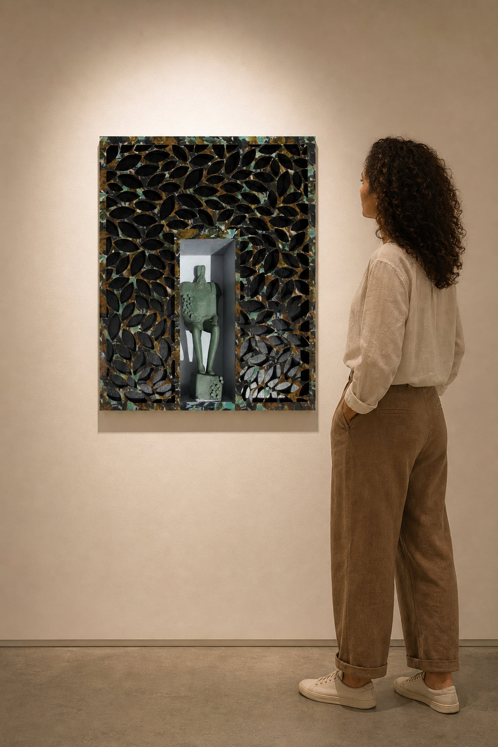 Figure Sculpture in Leaf-Patterned Frame - shown to scale