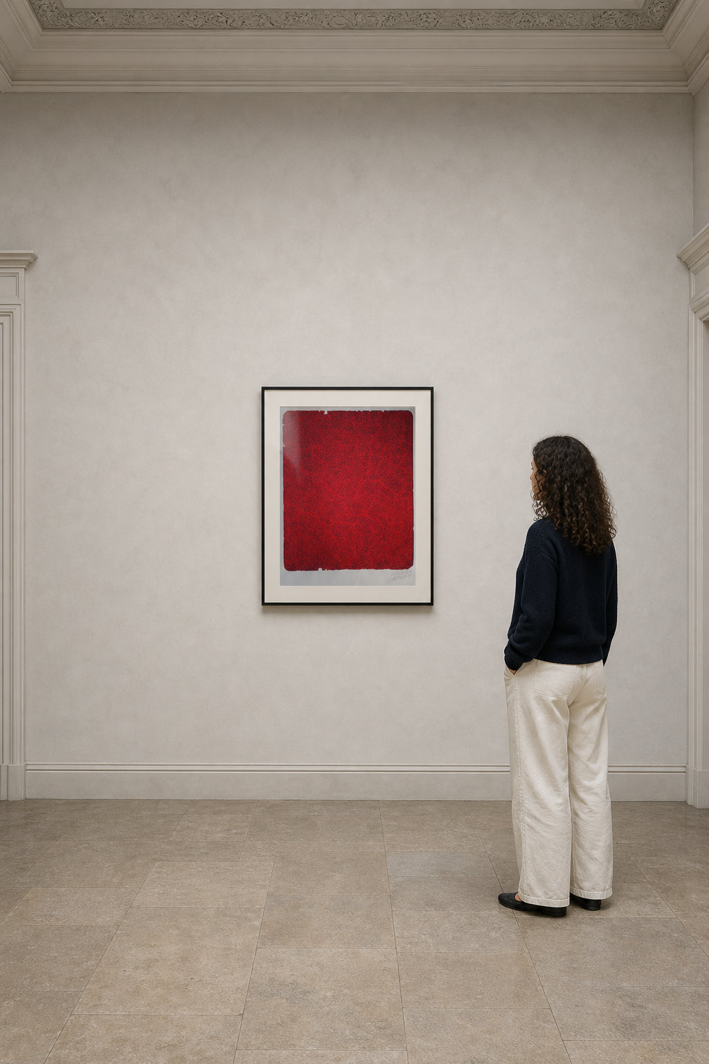 Red and Blue Calligraphic Abstract Field - shown to scale