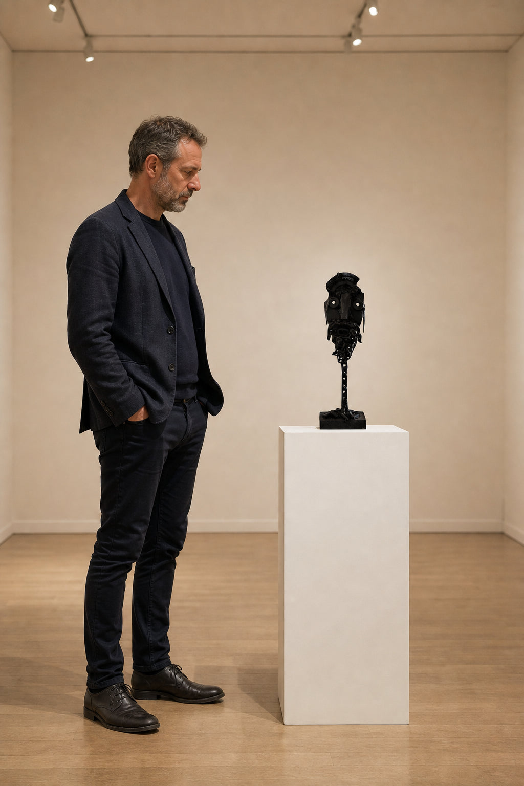 Black Metal Face Mask on Stand - shown to scale