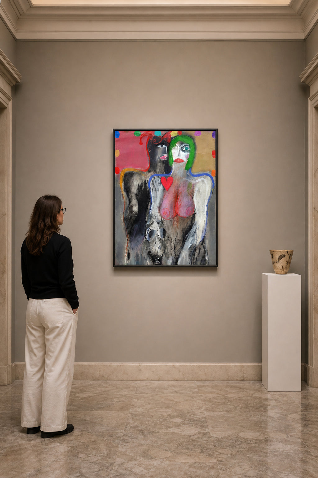 Two Figures Embracing With Red Heart - shown to scale