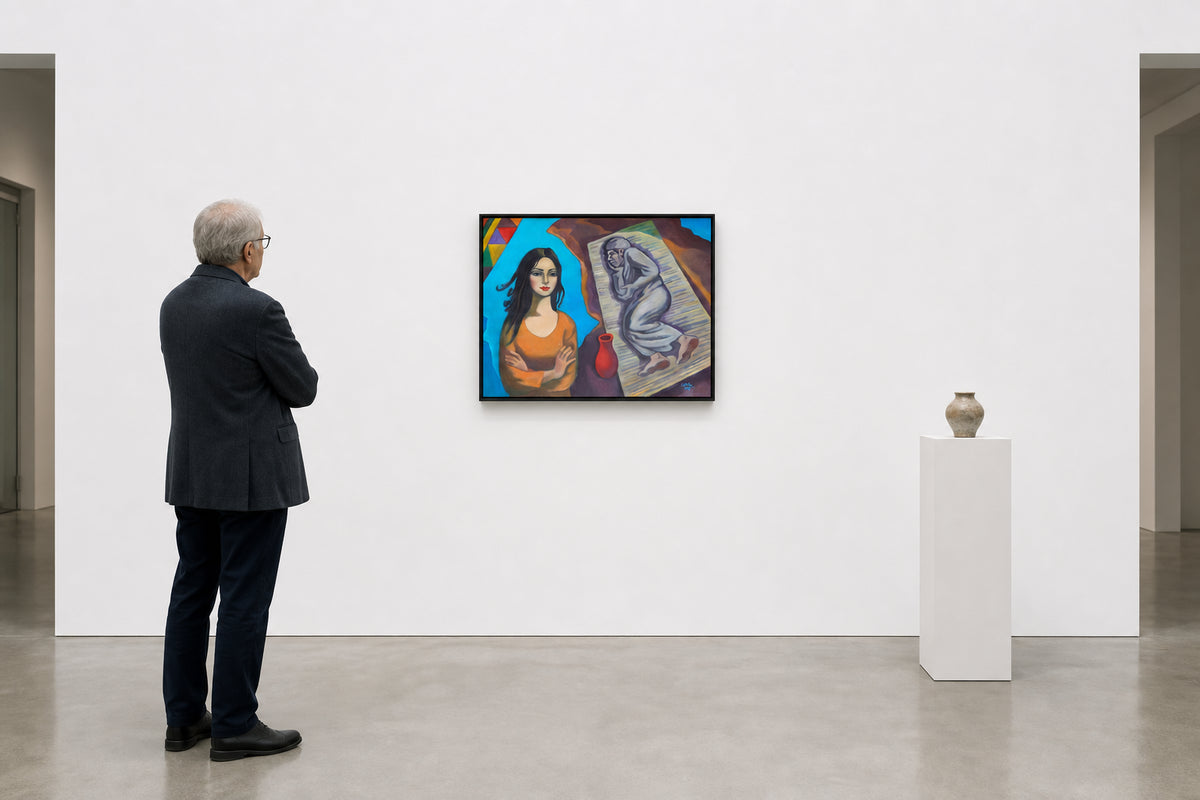 Woman Standing Beside Sleeping Figure - shown to scale
